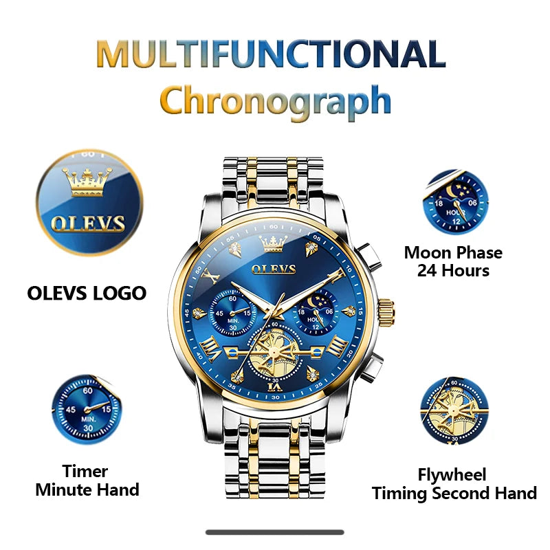 Relógios Masculinos OLEVS Clássico Multifuncional Fltwheel Cronógrafo Original Relógio de Pulso de Quartzo Fase da Lua 24 Horas À Prova D'Água reloj